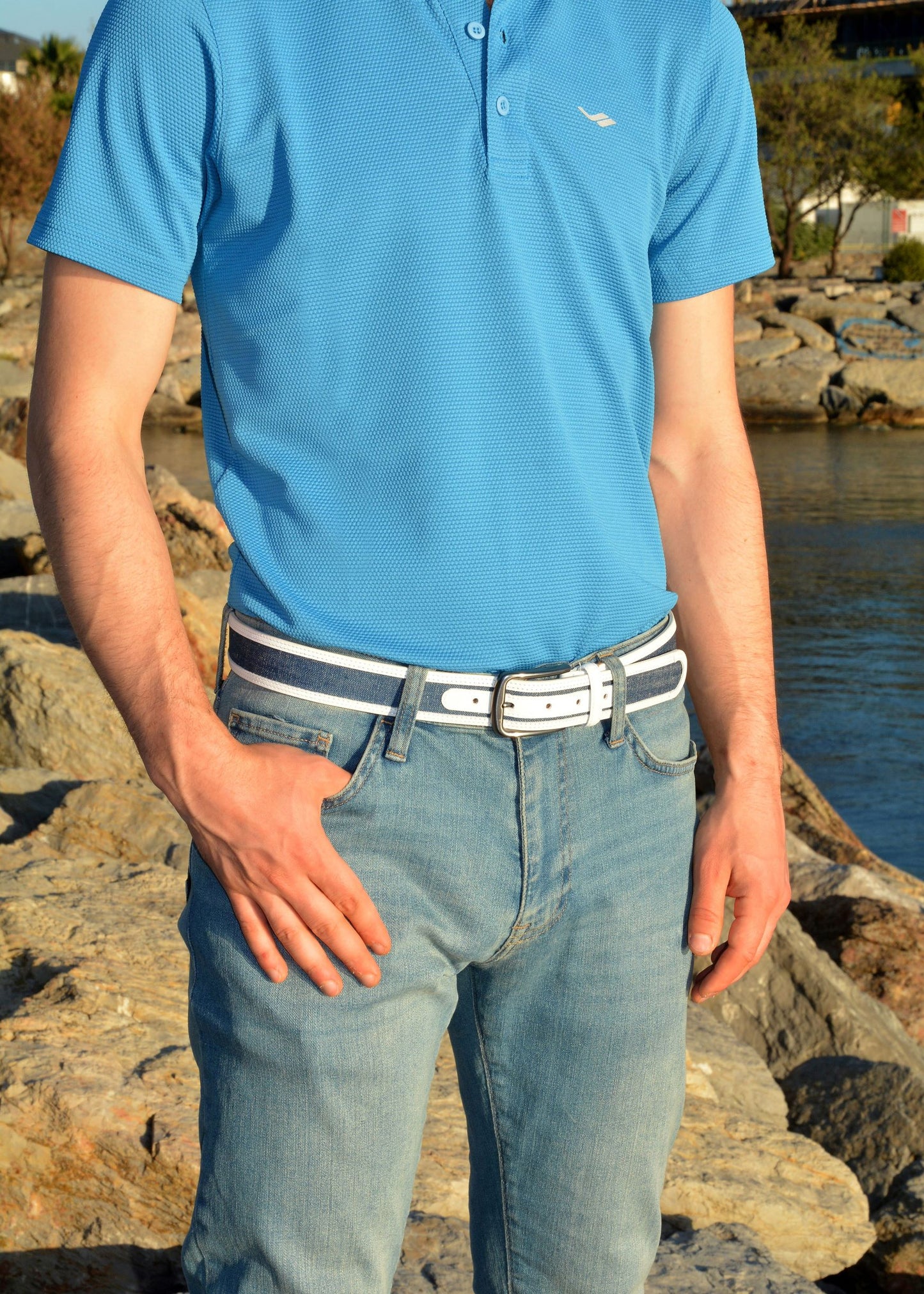 Swindon White Blue Leather Men Belt